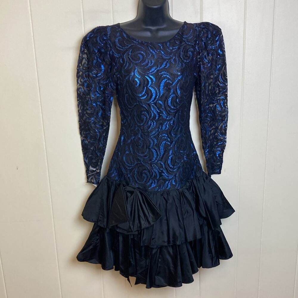 Vintage 80s 90s Lace Tiered Party Prom Dress Size XS Cocktail Blue Black Fitted